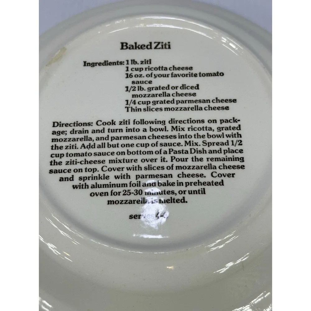 Vintage 1980s Pasta Pie Plate Baked Ziti Recipe on Back